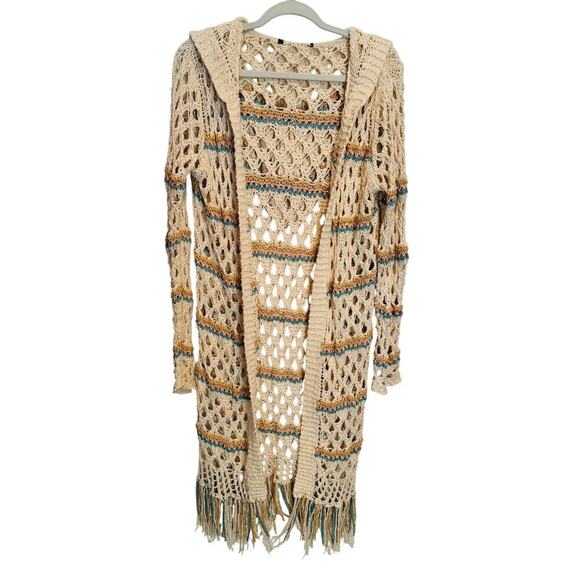 Boho Hippie Cotton Crochet Open Knit Fringe Long Hooded Duster Women's Size M/L - Picture 5 of 8